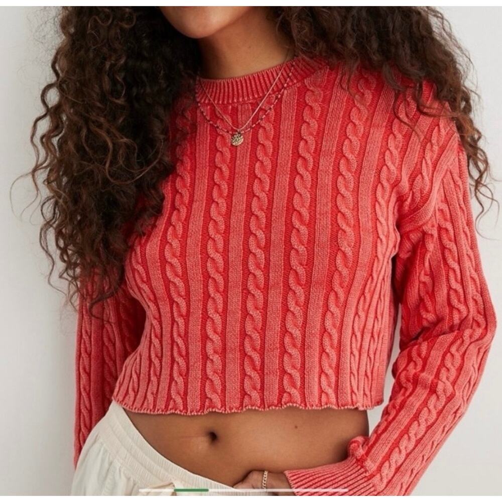 Aerie Mini Cable Cropped Sweater Red  Women’s Sz M